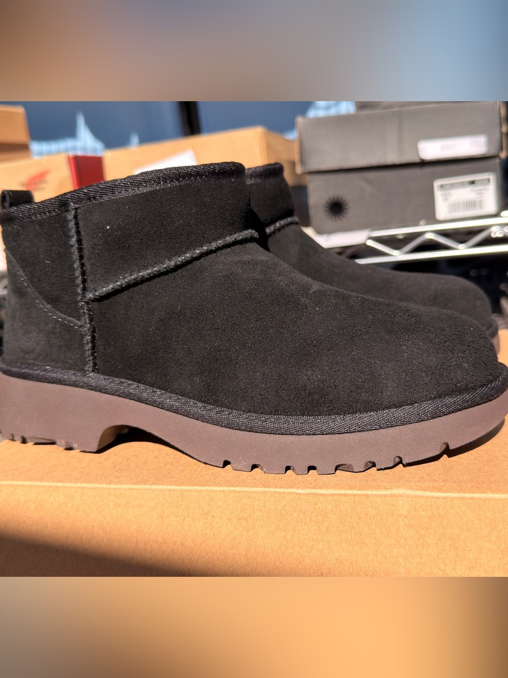 UGG Kids Black Suede Short Rain & Snow Boots with Brown Sole